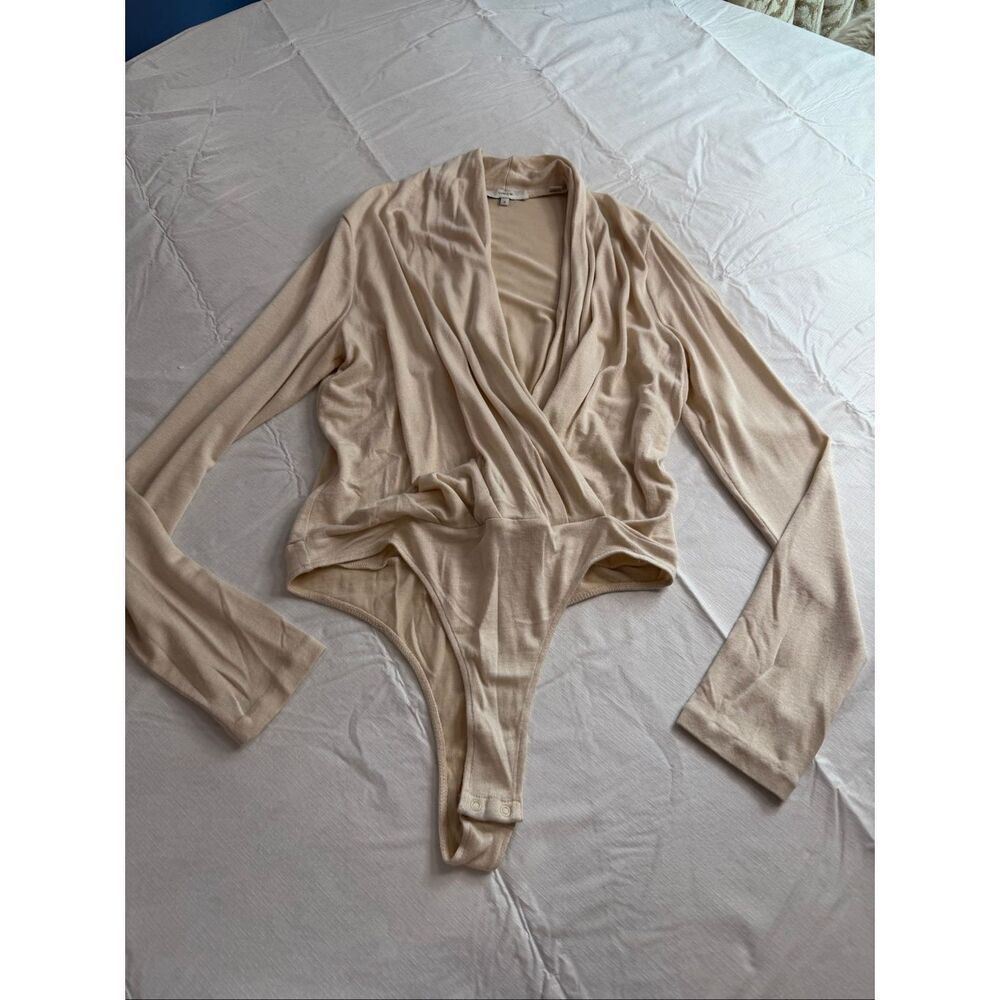Vince Nude Beige Wrap Front Bodysuit Size M Minimalist Long Sleeve Top